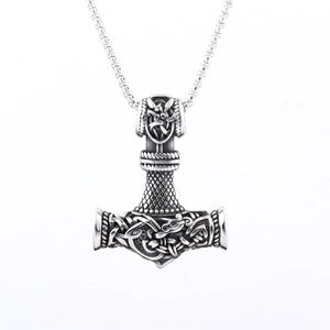 Vintage Thor's Hammer stainless steel necklace with intricate Nordic runes and motifs