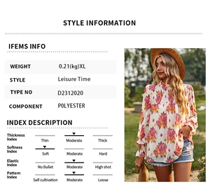 Size guide for floral print elegant shirt with fabric thickness and softness index