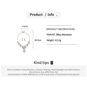Detailed size and material specification chart for rhinestone leaf necklace and earrings