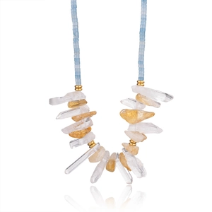 Natural crystal beaded necklace with light blue stones and stainless steel fish charm