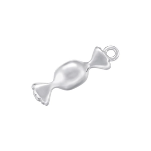 Detailed view of a silver candy-shaped pendant with a polished metallic finish and link ring