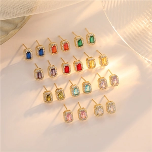 Elegant square zircon earrings set in multiple colors with shimmering halo design