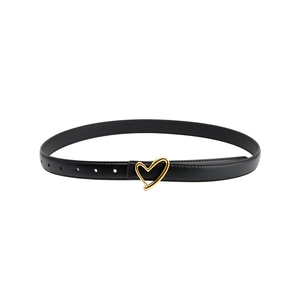 Women's black leather belt featuring a golden heart-shaped buckle for dresses and jeans