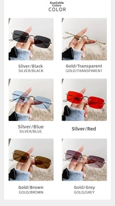 Detailed grid showing rimless rectangular sunglasses in six different color combinations