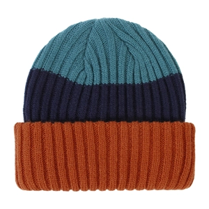 Detailed view of children's tri-color ribbed knit beanie in teal, navy and orange