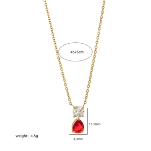 18K gold plated titanium necklace with round white zircon and pear-shaped red gemstone