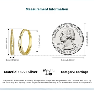 Size chart for S925 sterling silver hoop earrings with precise measurements and weight details