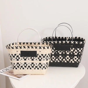 Handmade Woven Basket Handbag Checkerboard Pattern Vintage Geometric Tote With Round Transparent Handles For Women Casual