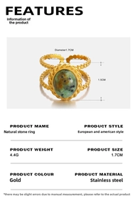 Macro detail of natural stone ring with gold plated stainless steel band and dimensions