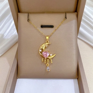 Elegant Stainless Steel Necklace With Copper Moon Pendant Pink Heart Gemstone Tassel Water Drop Romantic Jewelry For Women