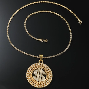 Golden dollar sign spinning necklace with rhinestones on twisted chain for men