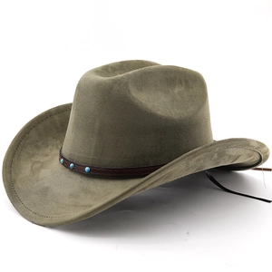 Olive green suede Western cowboy hat with turquoise-studded band and windproof string