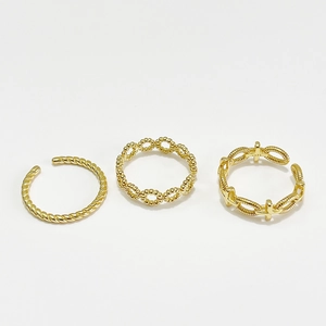 Three-piece set of 925 sterling silver gold-plated twisted and beaded stackable rings