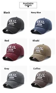 Detailed grid showing vintage washed baseball caps in six different embroidery colors
