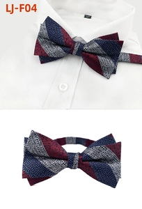 Detail of striped men's bowtie in navy blue and red with textured woven fabric