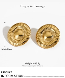 Détails de boucles d'oreilles rondes dorées à texture spirale de 31 mm de diamètre