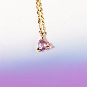 Pink heart-shaped zircon pendant necklace with 18k gold plated chain for women