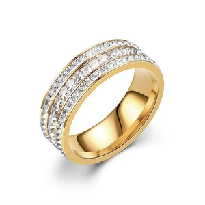 Luxurious gold titanium steel ring with three rows of sparkling zircon stones for women