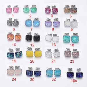 Square Stud Earrings 304 Stainless Steel Druzy Crystal Geometric Starry Rhinestone Fashion Sweet Jewelry Women Girls