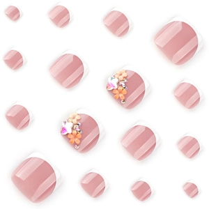 French tip press-on toenails with nude pink base, 3D flowers and sparkling rhinestones