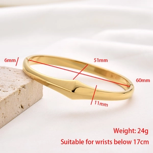 Detailed view of gold-plated stainless steel cuff bracelet with size and weight specs