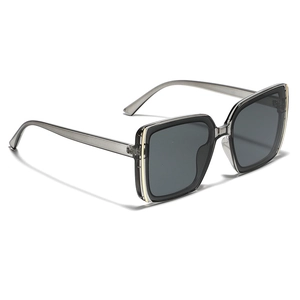 Modern square oversized sunglasses with black frame, gold accents and gray lenses