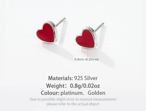 Macro detail of 925 silver heart stud earrings with red oil drip finish and size dimensions