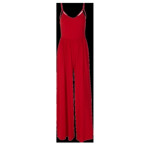 Detail view of red backless jumpsuit with high waist wide-leg cut and draped fabric texture