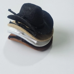 Close-up of 8cm mini felt cowboy hats in black, beige, white, and brown on white background