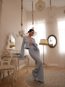 French vintage light blue knit crop top and high waist skirt set with hollow details