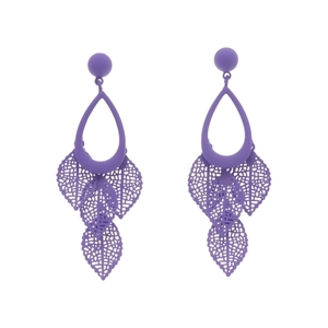 Matte purple hollow leaf tassel earrings with natural forest design on white background