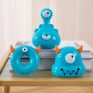 Blue monster series dog chew toys with textured surface and orange horns set of three