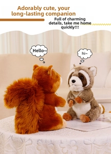 Close-up of soft plush squirrel and raccoon dolls with fluffy fur on white lace cloth