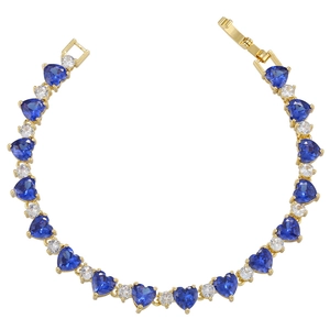 Detail of 18K gold plated bracelet with alternating blue heart zircons and white crystals
