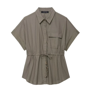 Olive green short sleeve drawstring shirt set for women in cotton-linen fabric
