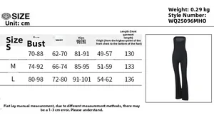 Detailed size chart for black strapless wide leg jumpsuit showing S, M, L measurements