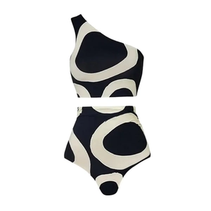 One-shoulder high waisted bikini set featuring black and white geometric pattern