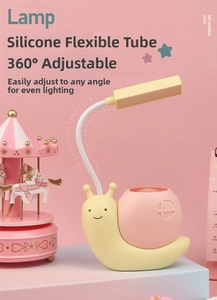 Detail view of the 360-degree adjustable flexible neck on the snail-shaped LED desk lamp