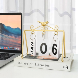 Desktop Perpetual Flip Calendar Metal Bird Design Iron Wood Reusable Tabletop Ornament Home Office Decor