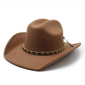Western Cowboy Hat Polyester Cotton Felt Wide Brim Metal Chain Band Vintage Fedora For Men Women Sun Protection Travel