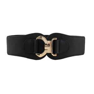Women wide elastic waist belt with geometric gold metal buckle on black faux leather
