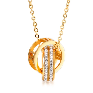Fashionable gold stainless steel double ring necklace featuring roman numerals and crystals