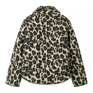 Detailed back view of a quilted leopard print cotton jacket with a classic collar design