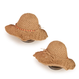 Women's wide brim straw sun hat with beaded chain and back ribbon bow decoration
