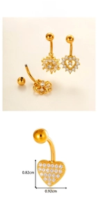 Detailed dimensions of gold-plated heart belly ring with precise measurement annotations