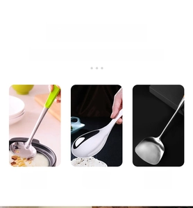 Close-up of golden 304 stainless steel soup spoon, rice scoop and frying spatula set