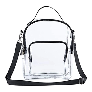 Transparent PVC backpack with black straps and silver metal zippers on white background