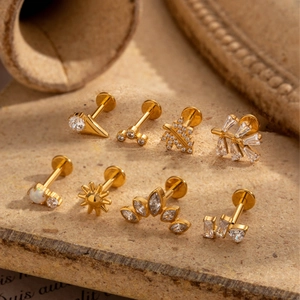 8-piece set of G23 titanium gold stud earrings with cubic zirconia and opal leaf designs