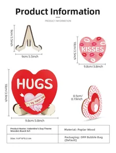 Detailed size parameters of Valentine wooden heart plaques with HUGS and KISSES text