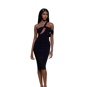 Elegant black one-shoulder midi dress with chic cutout detail and slim fit silhouette